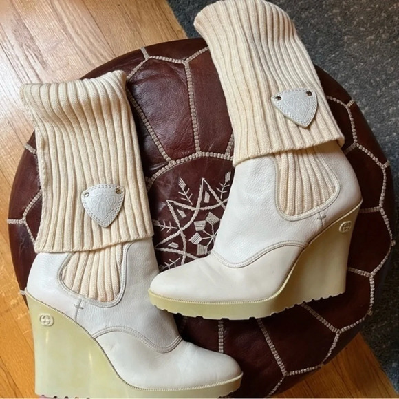 ✨RARE GUCCI Vintage White Leather Sock Wedge Platform Boots - Picture 1 of 15